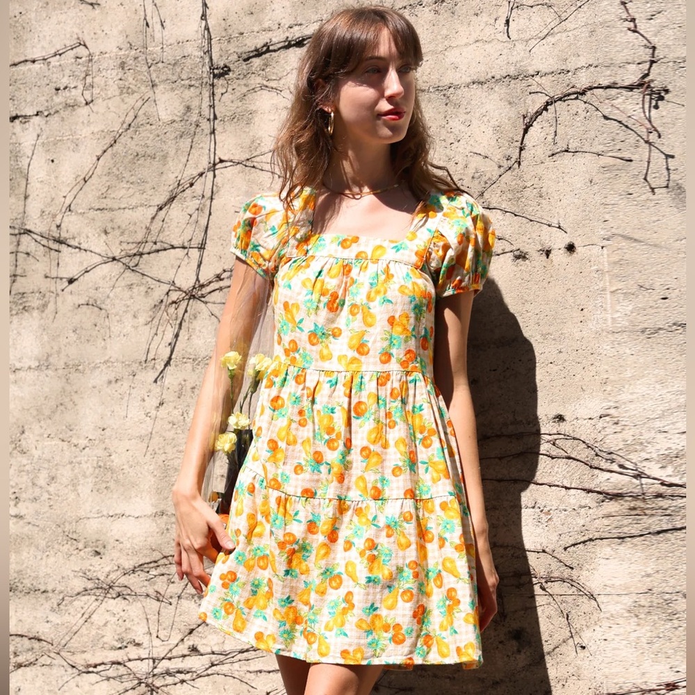 NWT Greylin Lora Square Neck Gingham and Fruit Print Cap Sleeve Dress Size Large - Picture 1 of 11
